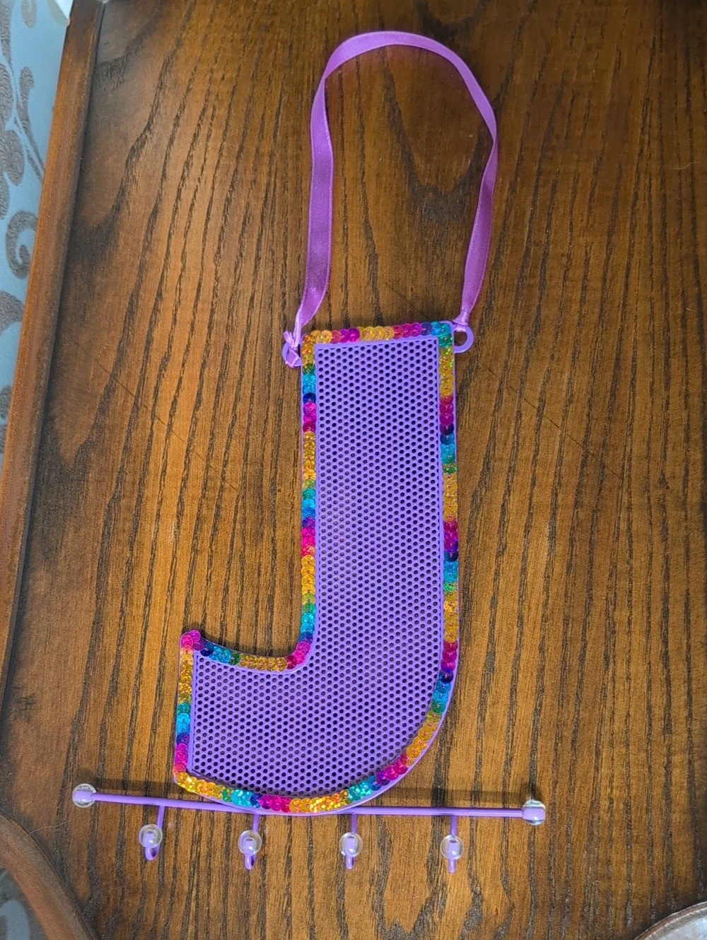 Y2K Claire's Purple Sequin 'J' Wall Hook Jewlery Organizer For Earrings
